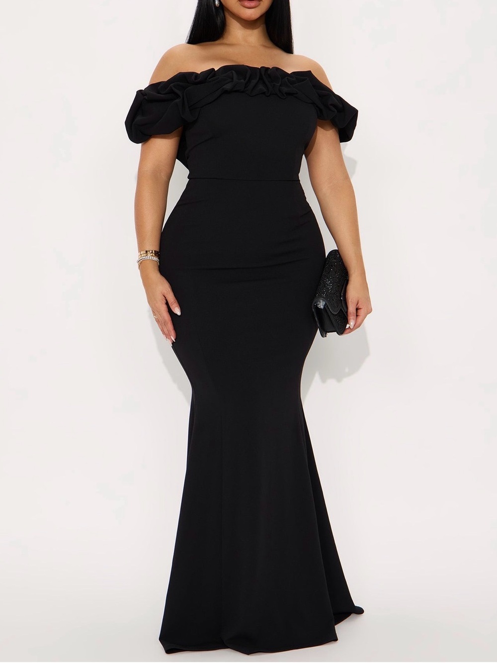 Fashion Nova Off-Shoulder Black Ruffle Maxi Dress